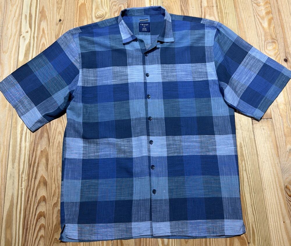 Trust Linen Men's Button Down Blue Plaid Camp Shirt Size Big 4X